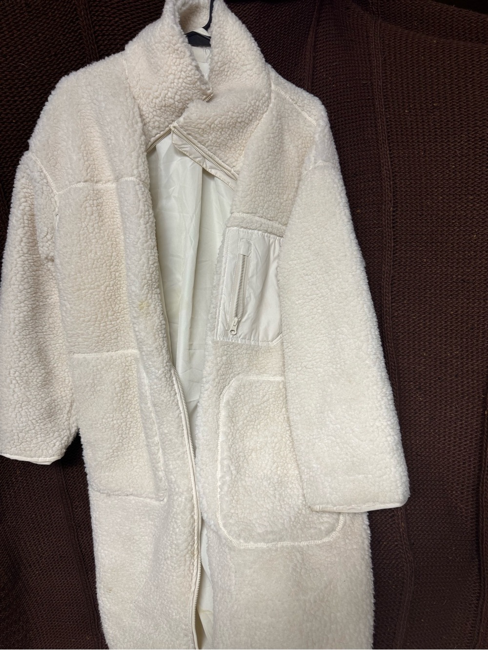 H&M Cream Sherpa Long Teddy Coat with Zip Pocket
